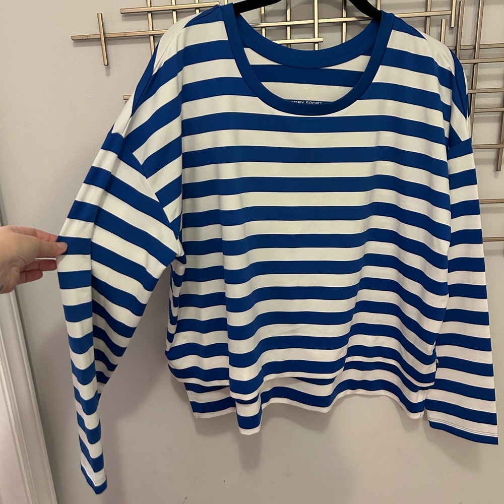 Tory Sport Blue and White Striped Long Sleeve Shirt